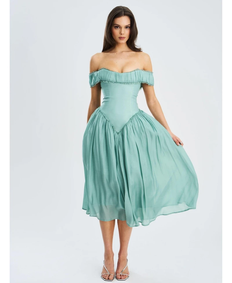 Miss Circle Women's Xavy Teal Green Off Shoulder Corset Midi Dress