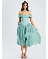Miss Circle Women's Xavy Teal Green Off Shoulder Corset Midi Dress