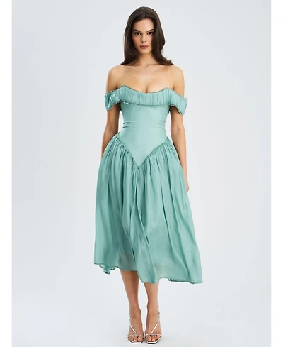 Miss Circle Women's Xavy Teal Green Off Shoulder Corset Midi Dress