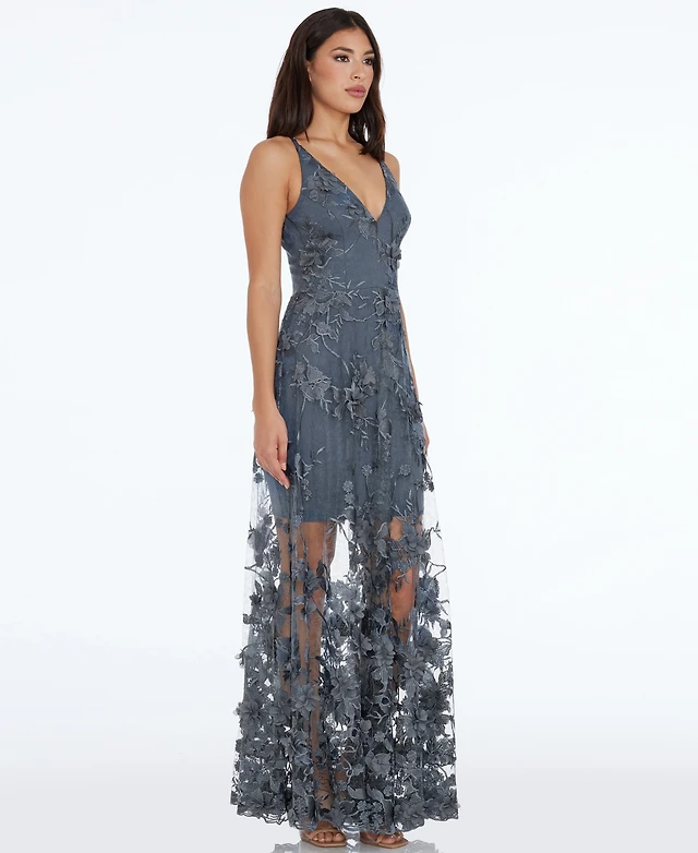 dress the population sidney a-line sheer lace floral appliqué gown Tiered Off-Shoulder Prom Dress Stunning A-Line Navy Blue Ball Gown main image 0