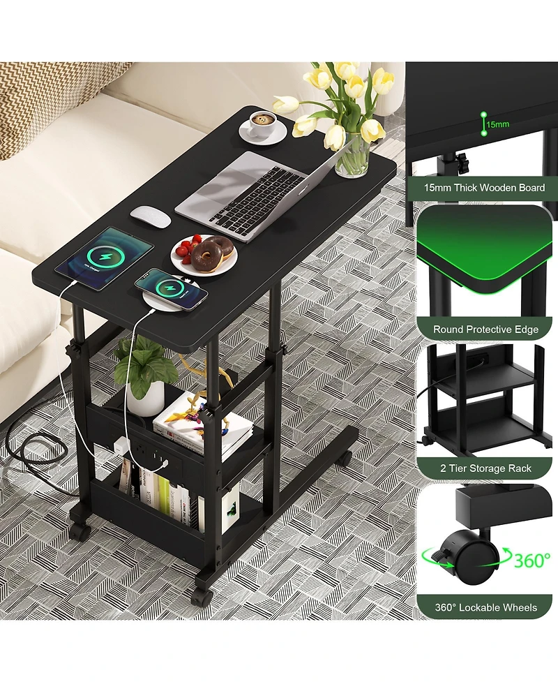 Aheaplus Height Adjustable C Table with Usb Port and Wheels