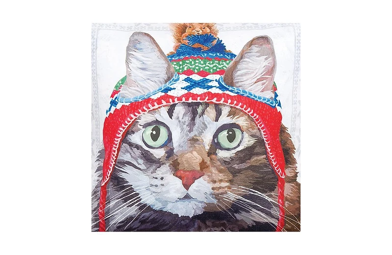Winter Hat Cat Indoor/Outdoor Christmas Holiday Throw Pillow, 18" x 18"