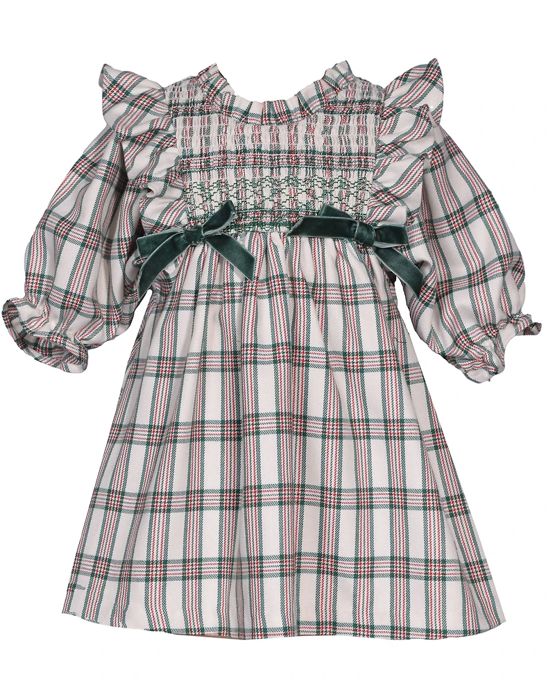 Bonnie Baby Girls 2 Piece Ruffle Neck Smocked Plaid Dress and Panty Set