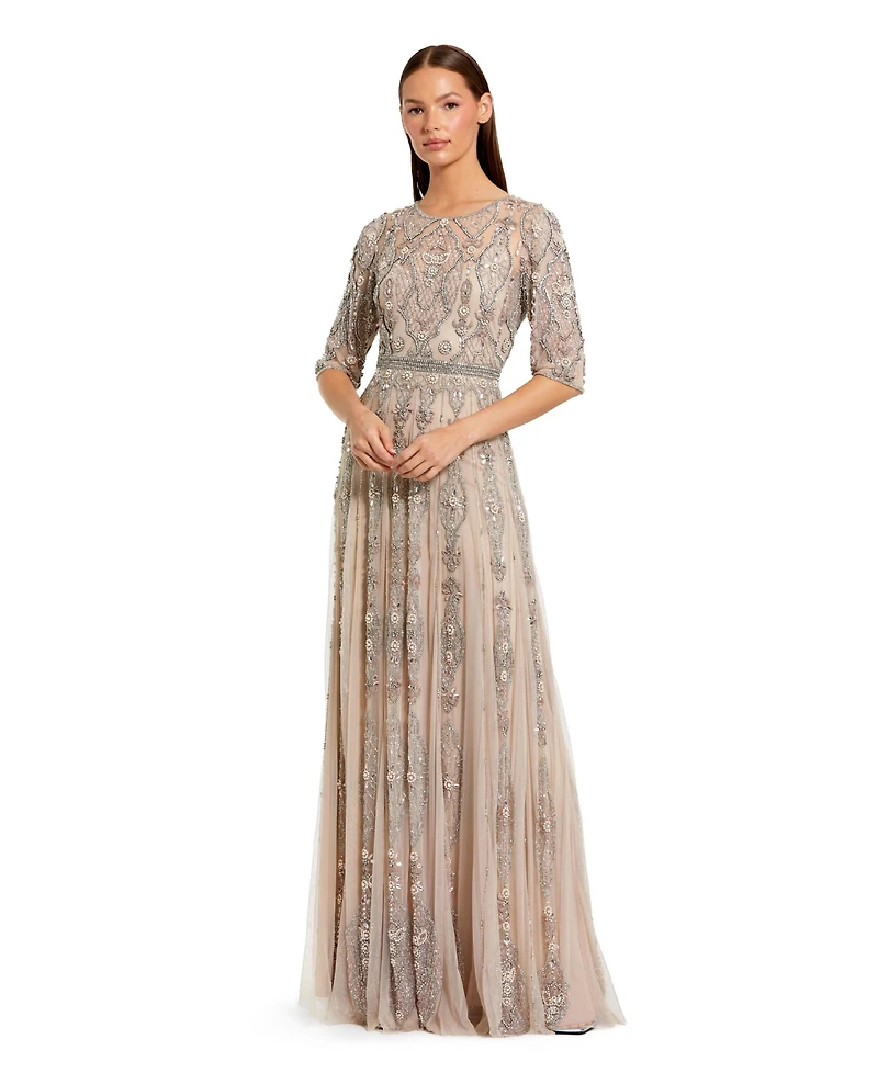 Mac Duggal Women's Beige 3/4 Sleeve Embellished A-line Gown