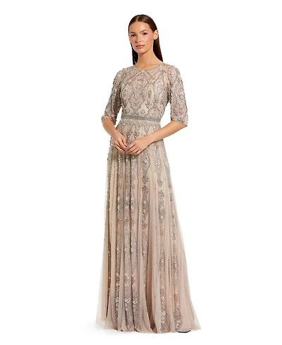 Mac Duggal Women's Beige 3/4 Sleeve Embellished A-line Gown