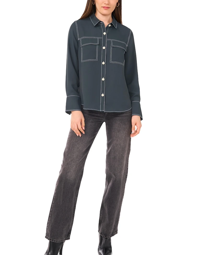 Vince Camuto Women's Contrast Stitch Button Front Collared Top