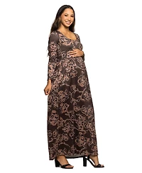 24seven Comfort Apparel Women's Maternity Brown Blush Floral Long Sleeve Maxi Dress