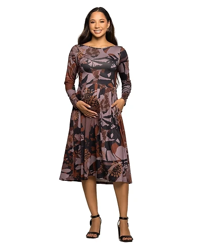 24seven Comfort Apparel Maternity Long Sleeve Midi Dress Brown Floral Print