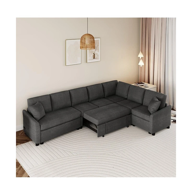 124.8” L-Shaped Pull Out Sleeper Sofa Bed with Usb Ports & Power Outlets, Convertible Sectional Couch for Living Room-Maison Boucle