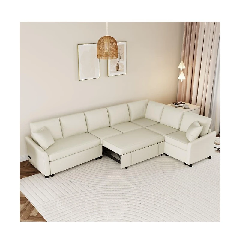 124.8” L-Shaped Pull Out Sleeper Sofa Bed with Usb Ports & Power Outlets, Convertible Sectional Couch for Living Room-Maison Boucle