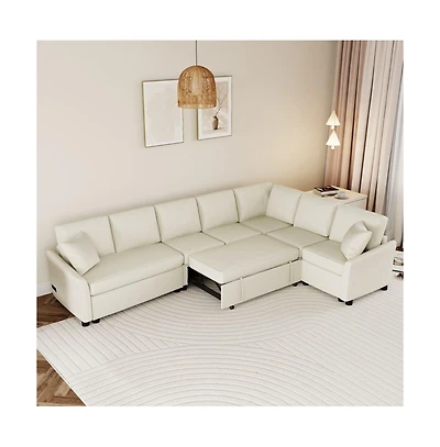 124.8” L-Shaped Pull Out Sleeper Sofa Bed with Usb Ports & Power Outlets, Convertible Sectional Couch for Living Room-Maison Boucle