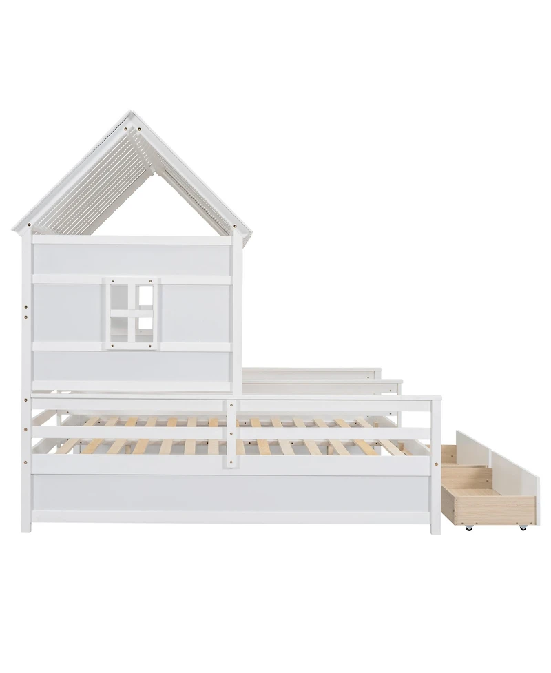 Twin House Platform Beds with Two Drawers for Boy and Girl Shared Beds, Combination of 2 Side by