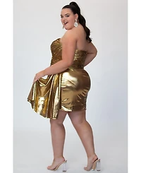 Sydney's Closet Women's Metallic Gold Strapless Short Party Dress with Drape Flyaway