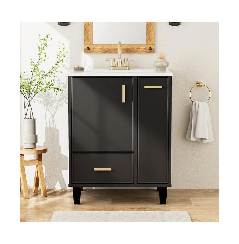Chic Crate-24" Modern Bathroom Vanity Sink & Deep Drawer | 2-Tier Pull-Out Basket Solid Wood Frame White
