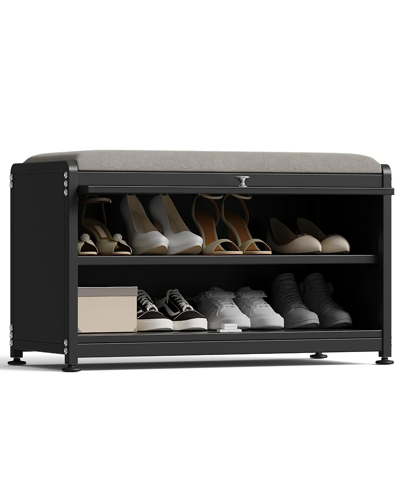 Shoe Storage Bench with Cushion Seat, Modern Organizer Cabinet Flip-Down Door, Sturdy Metal Frame & Comfortable Seating for Entryway