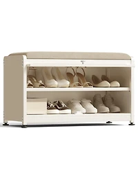 Shoe Storage Bench with Cushion Seat, Modern Shoe Organizer Cabinet with Flip-Down Door, Sturdy Metal Frame & Comfortable Seating for Entryway
