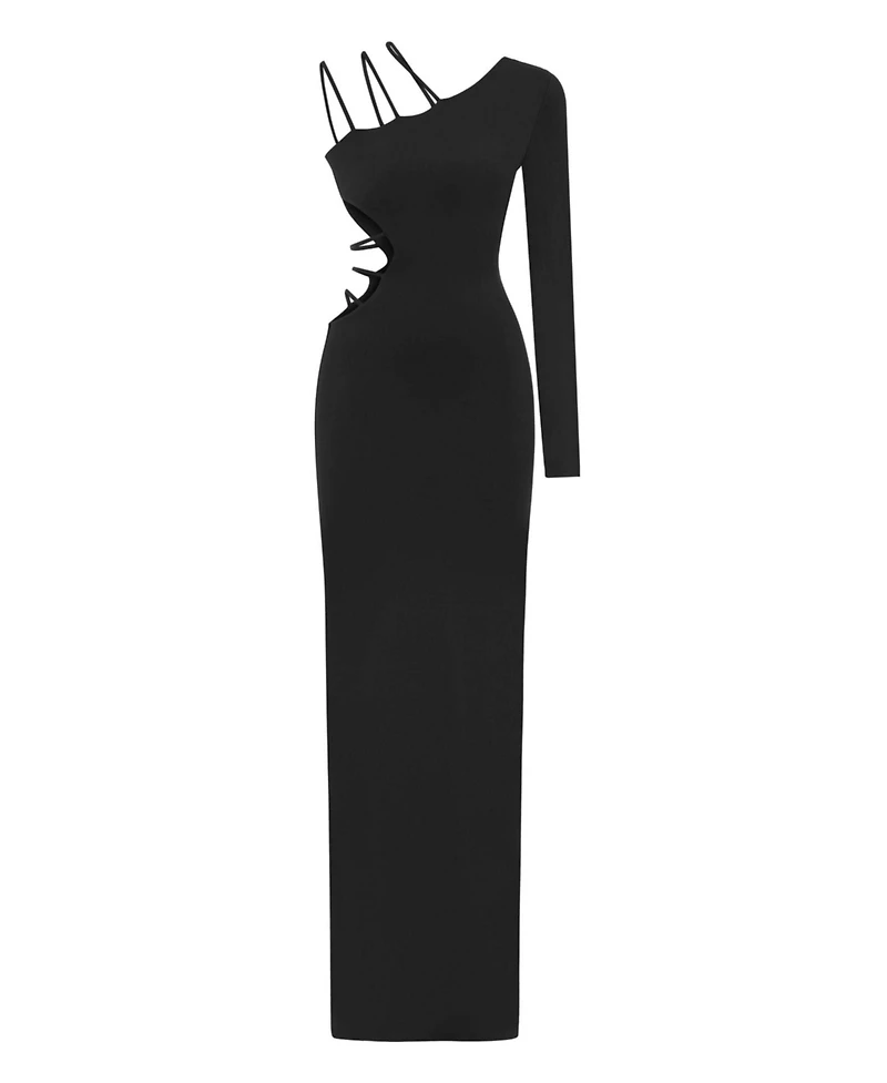 Jendue Women's Aurora One Shoulder Denim Maxi Dress - Elegant Blue Cutout Gown