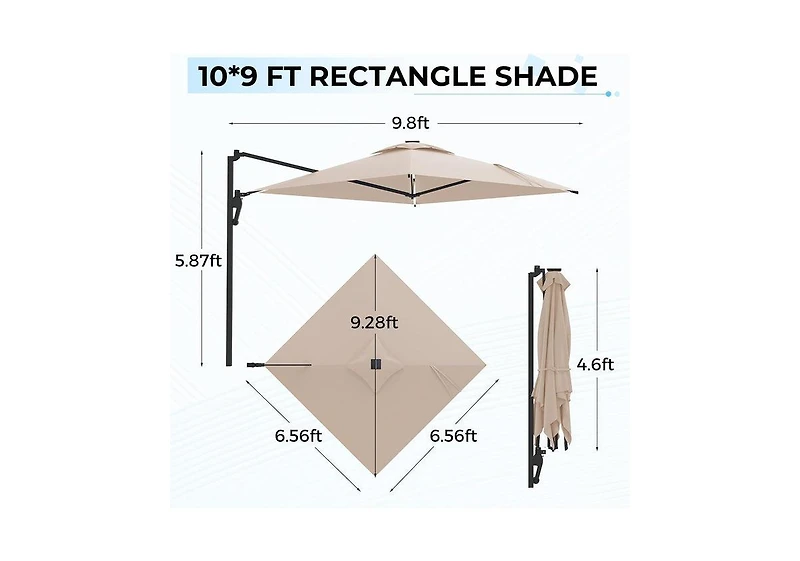 Aecojoy 10FT Large Patio Umbrella with Solar Lights, Rectangle Wall Mounted Outdoor
