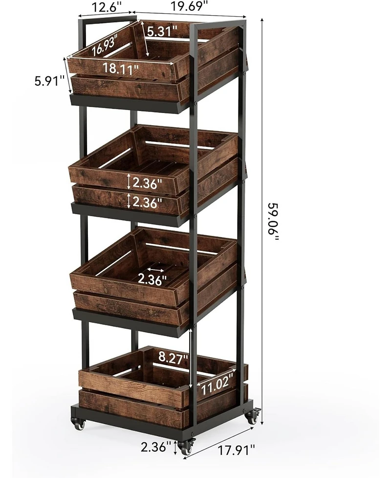 Tribesigns 4-Tier Wooden Kitchen Cart with Wheels, Mobile Fruit and Vegetable Storage, Utility Shelf