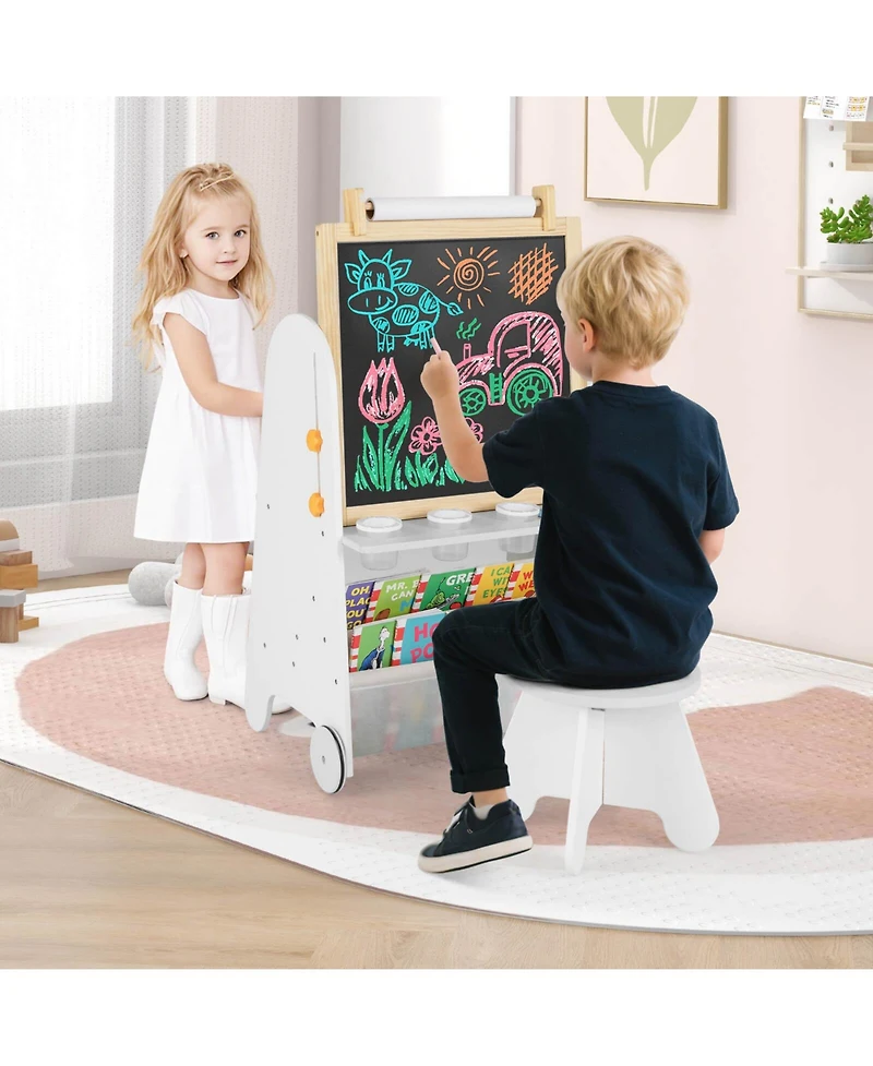4-in-1 Kids Art Easel with Stool Magnetic Whiteboard Chalkboard & Paper Roll