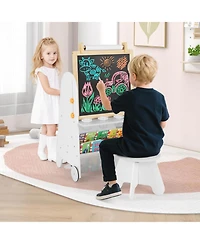 4-in-1 Kids Art Easel with Stool Magnetic Whiteboard Chalkboard & Paper Roll