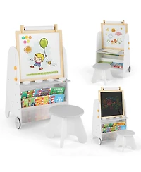 4-in-1 Kids Art Easel with Stool Magnetic Whiteboard Chalkboard & Paper Roll