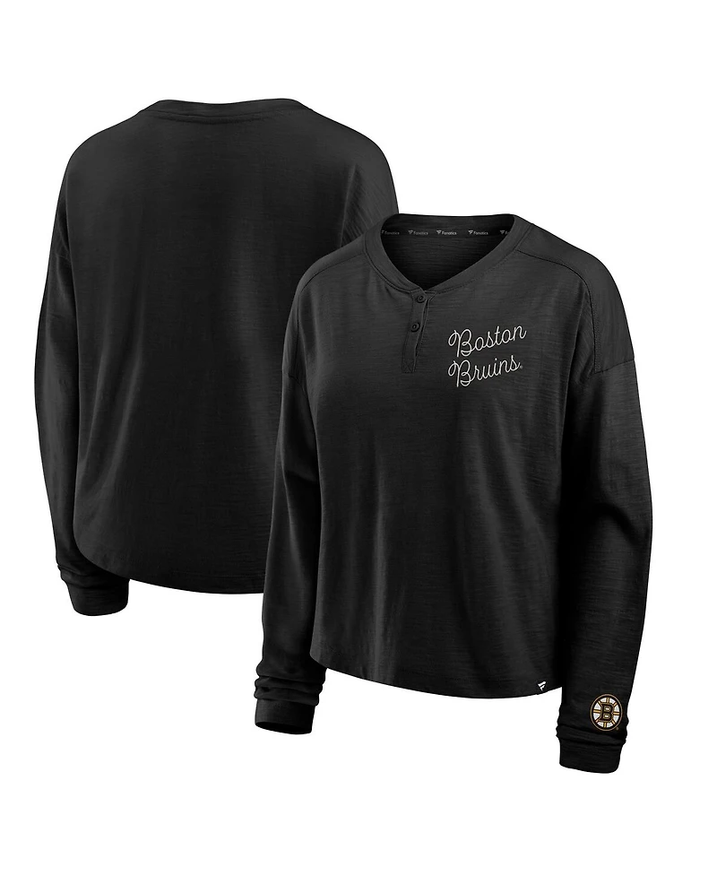 Fanatics Women's Black Boston Bruins Oversized All Out Effort Long Sleeve Henley T-Shirt