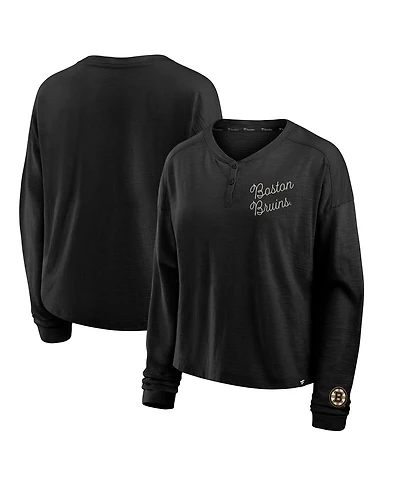 Fanatics Women's Black Boston Bruins Oversized All Out Effort Long Sleeve Henley T-Shirt