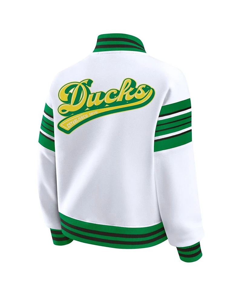 Wear by Erin Andrews Women's White/Green Oregon Ducks Satin Stitch Full-Snap Fleece Sweatshirt Jacket