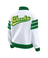 Wear by Erin Andrews Women's White/Green Oregon Ducks Satin Stitch Full-Snap Fleece Sweatshirt Jacket