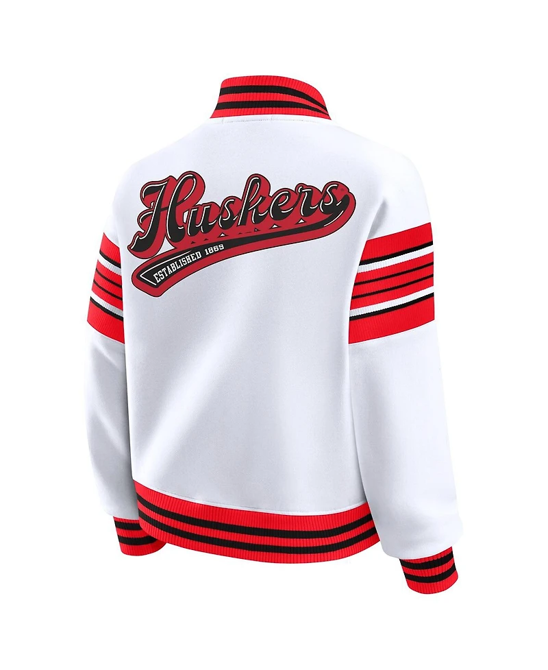 Wear by Erin Andrews Women's White/Scarlet Nebraska Huskers Satin Stitch Full-Snap Fleece Sweatshirt Jacket