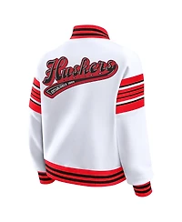 Wear by Erin Andrews Women's White/Scarlet Nebraska Huskers Satin Stitch Full-Snap Fleece Sweatshirt Jacket