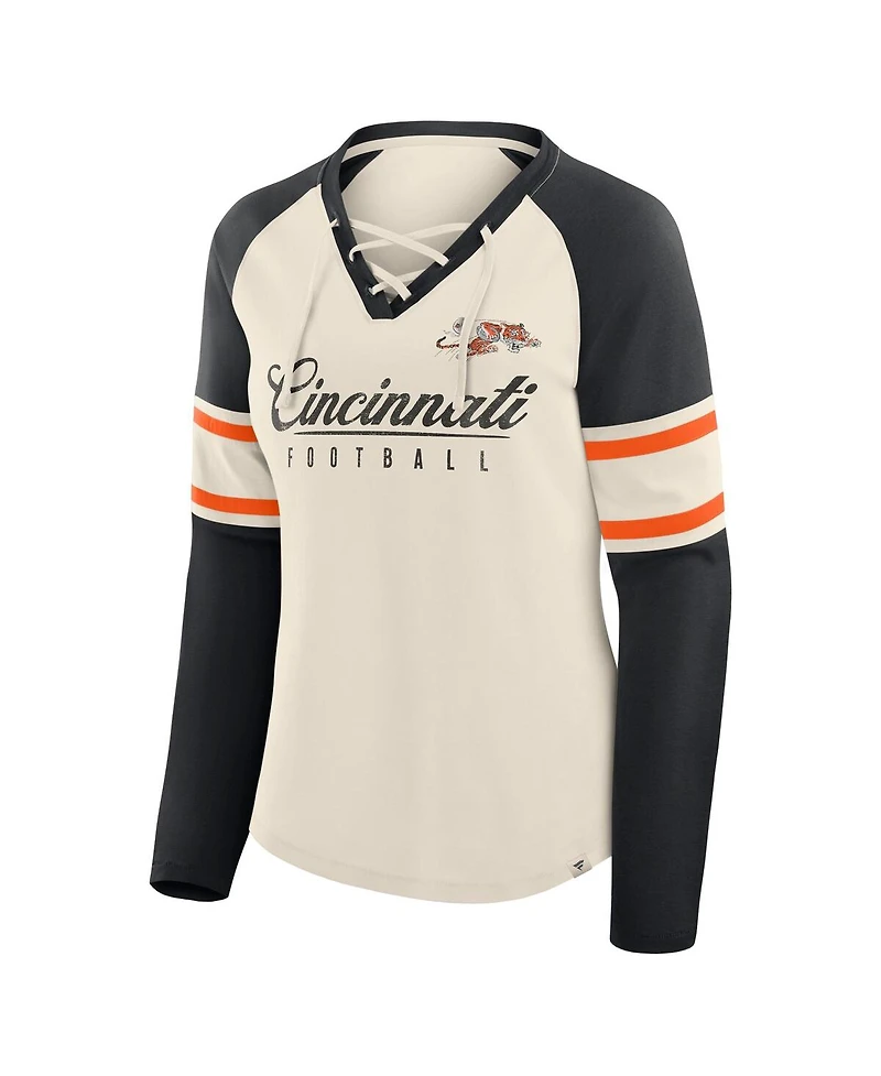 Fanatics Women's Cream/Black Cincinnati Bengals Hometown Gridiron Hero Raglan Lace-Up V-Neck Long Sleeve T-Shirt