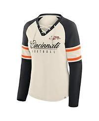 Fanatics Women's Cream/Black Cincinnati Bengals Hometown Gridiron Hero Raglan Lace-Up V-Neck Long Sleeve T-Shirt