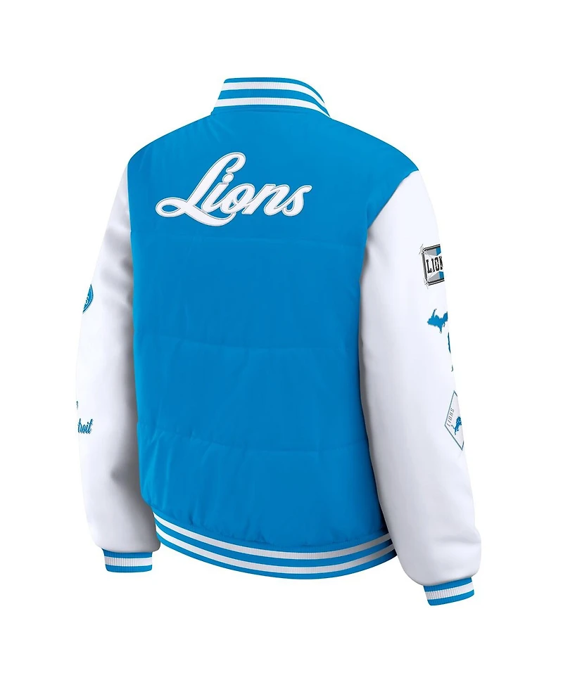 Wear by Erin Andrews Women's Blue Detroit Lions Varsity Full-Snap Puffer Jacket