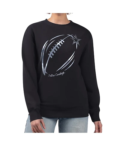 G-iii 4Her by Carl Banks Women's Black Dallas Cowboys Metallic Print Football Sketch Fleece Crewneck Sweatshirt