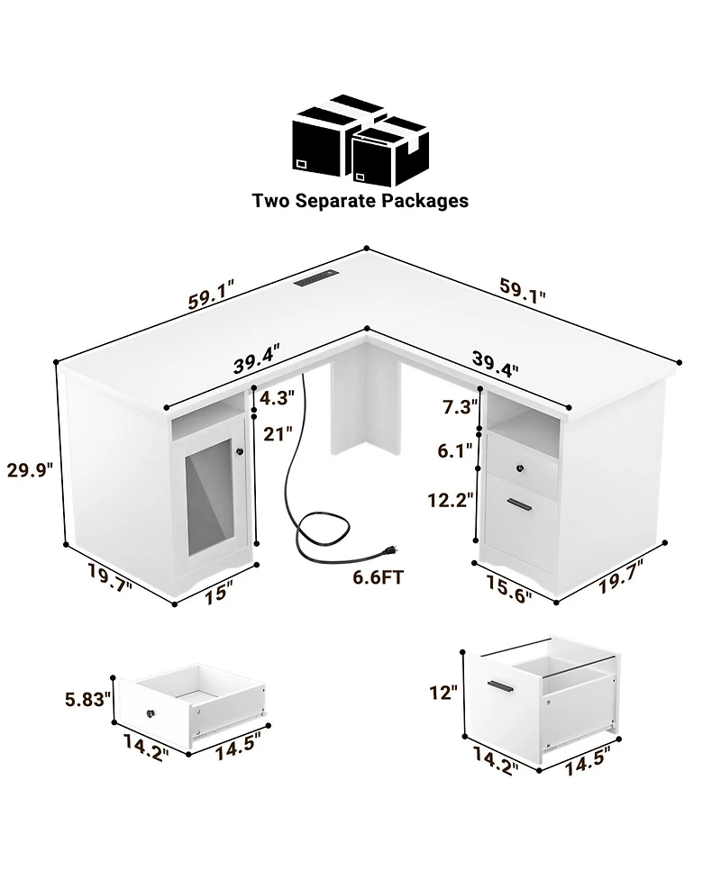 L Shaped Desk with Charging Station, Computer Workstation File Cabinet and Drawers for Office