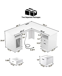 L Shaped Desk with Charging Station, Computer Workstation File Cabinet and Drawers for Office