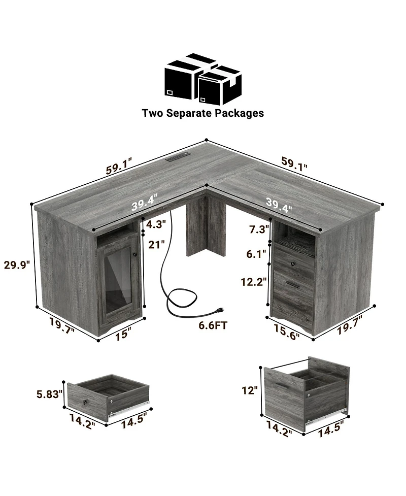L Shaped Desk with Charging Station, Computer Workstation File Cabinet and Drawers for Office