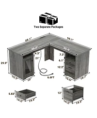 L Shaped Desk with Charging Station, Computer Workstation File Cabinet and Drawers for Office