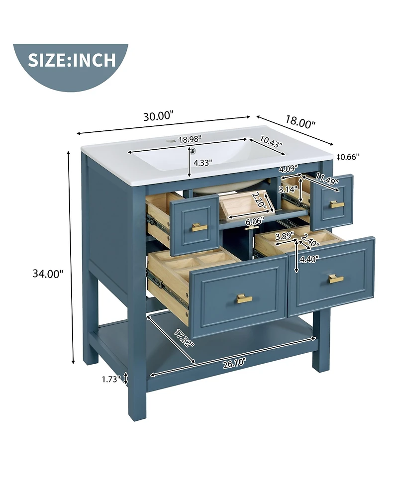 Casainc 30-Inch Bathroom Vanity with Ceramic Sink Combo, Freestanding Single Vanity, 5 Drawers & Solid Wood Storage