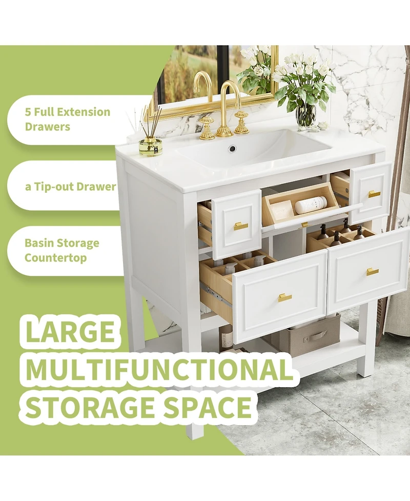 Casainc 30-Inch Bathroom Vanity with Ceramic Sink Combo, Freestanding Single Vanity, 5 Drawers & Solid Wood Storage