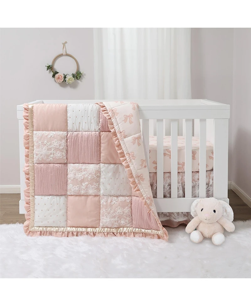 The Peanutshell 3 Piece Baby Crib Bedding Set for Girls - Cotton Fitted Crib Sheet, Layered Dust Ruffle, Comforter, Pink, Gold, Floral - Grace