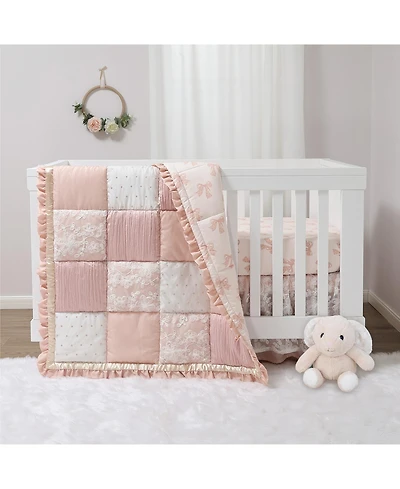 The Peanutshell 3 Piece Baby Crib Bedding Set for Girls - Cotton Fitted Crib Sheet, Layered Dust Ruffle, Comforter, Pink, Gold, Floral - Grace