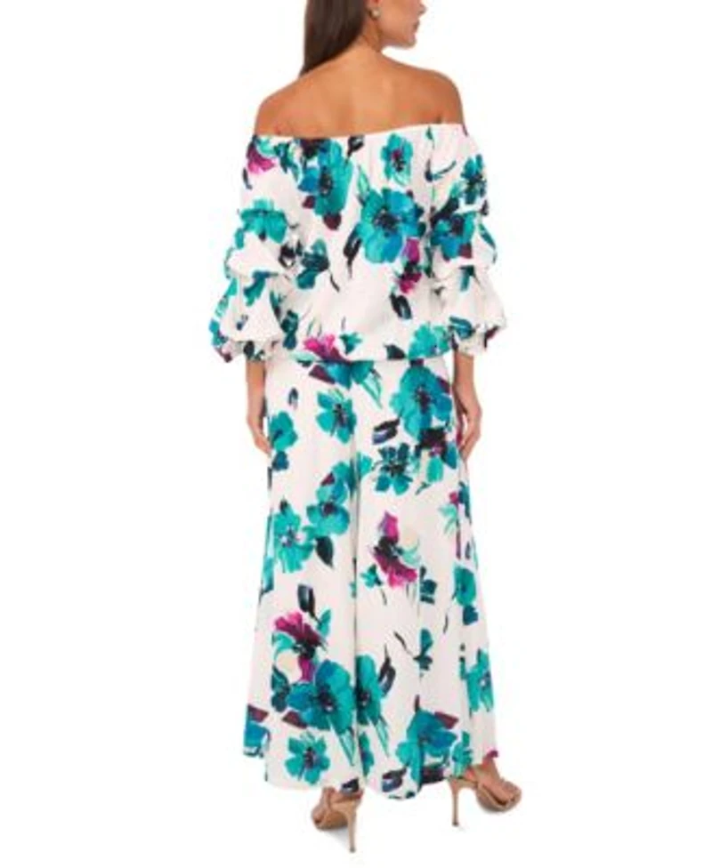 Vince Camuto Womens Cropped Wide Leg Pants Off The Shoulder Bubble 3 4 Sleeve Tie Front Blouse