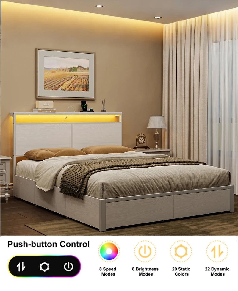 Hausource King Size Bed Frame with Led Storage Headboard & 4 Drawers & Charging Station