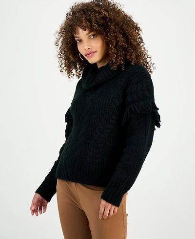 I.n.c. International Concepts Petite Fringe-Trim Cable Knit Turtleneck Sweater, Macy's Exclusive