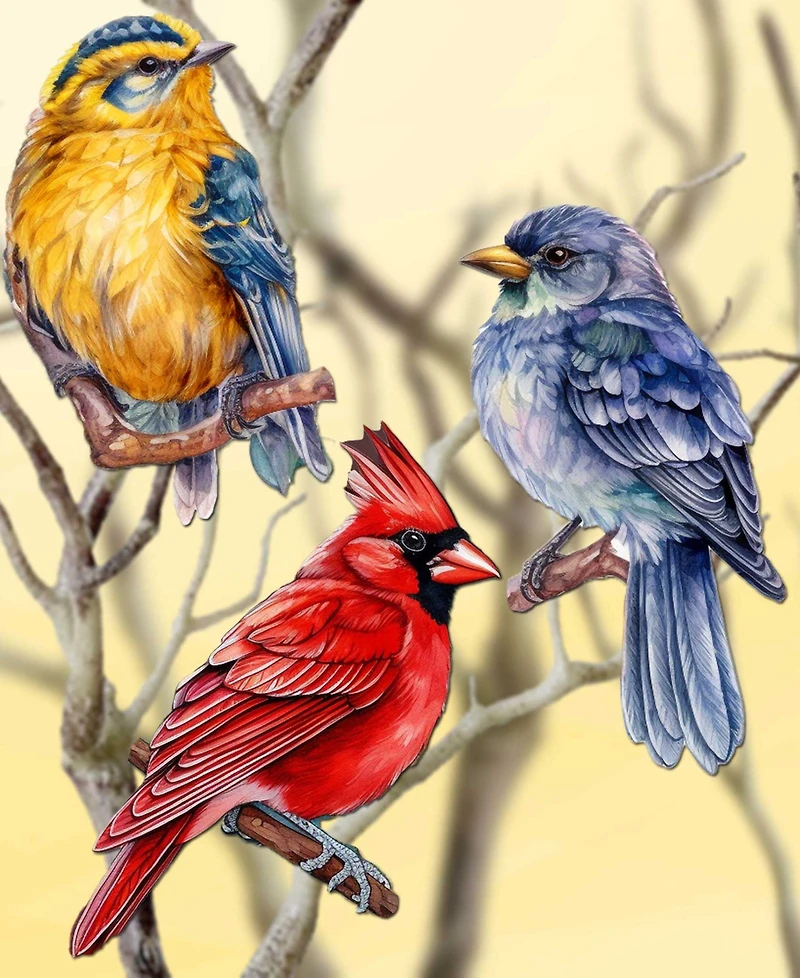 Designocracy Winter Birds Wood Clip-on Ornaments, Set 3
