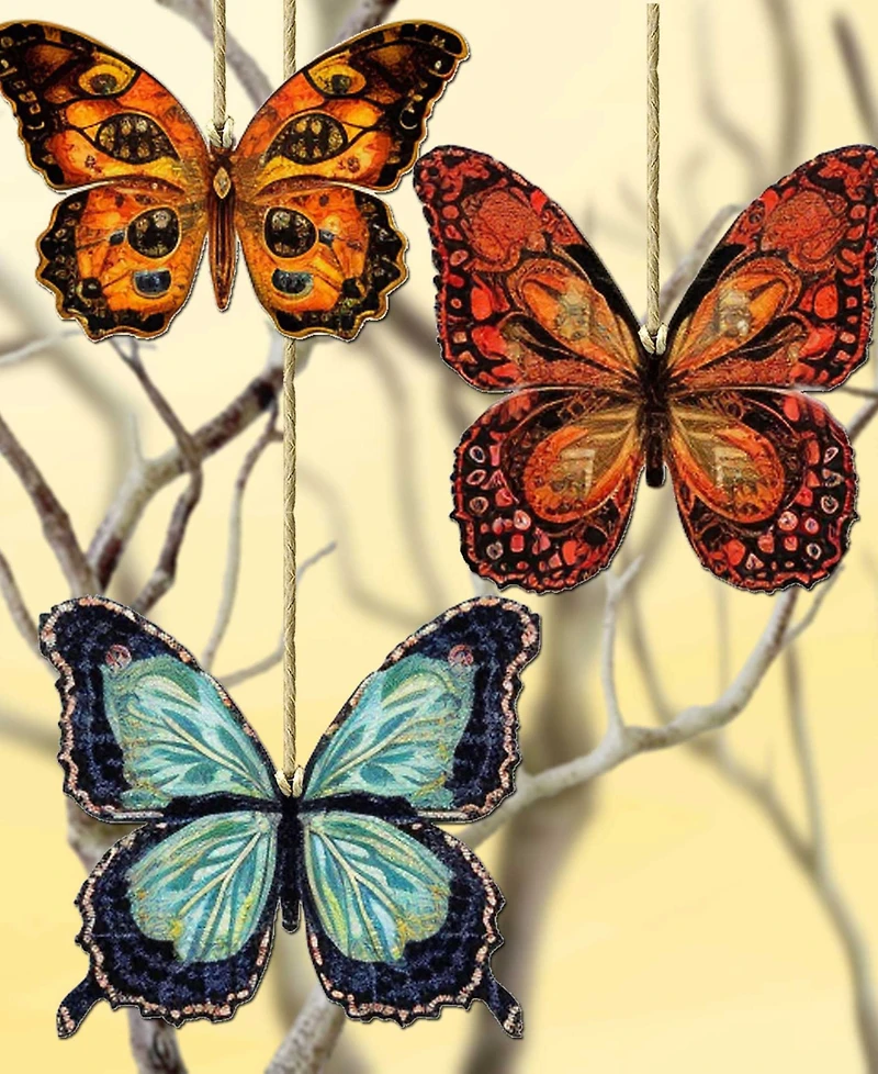 Designocracy Summer Butterfly Wooden Ornaments, Set of 3
