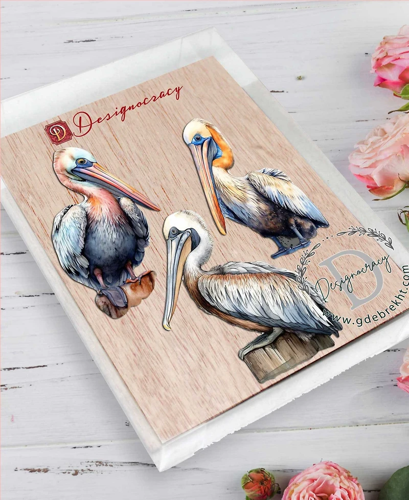 Designocracy Pelicans Christmas Wooden Ornaments, Set of 3